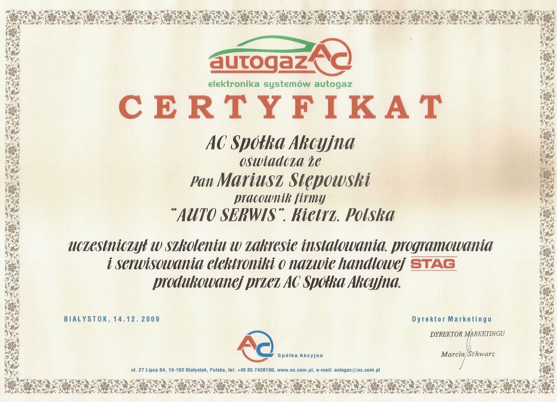 Certyfikat z zakresu montażu i serwisowania instalacji LPG