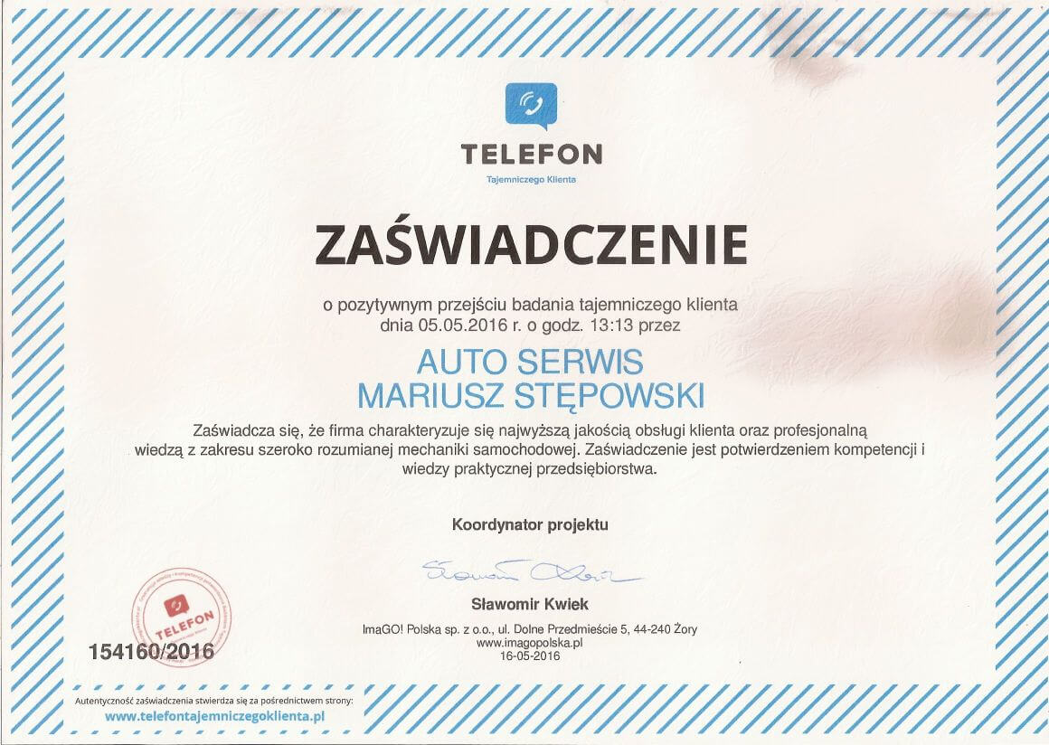 Certyfikat - tajemniczy klient 2016