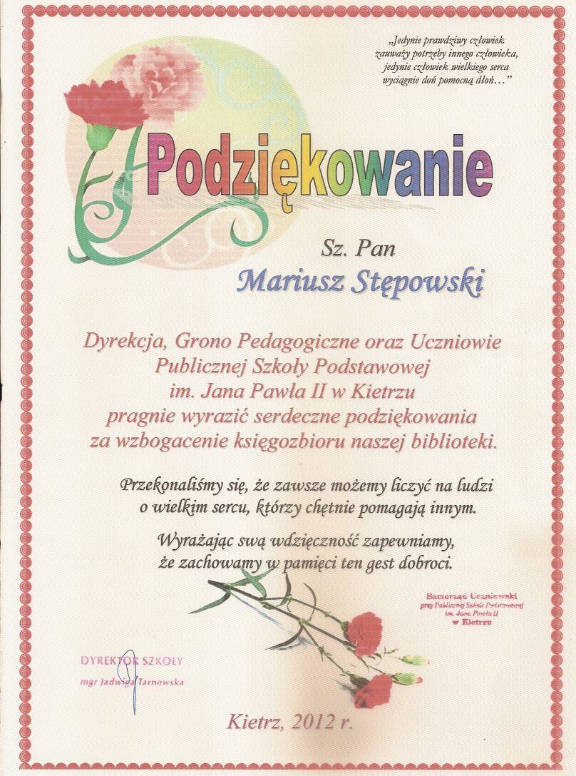 Podziękowanie od szkoły w Kietrzu